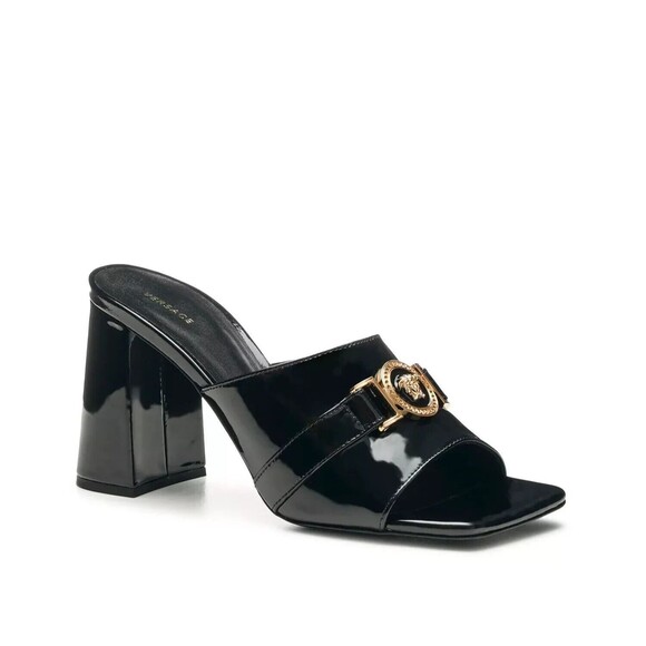 Versace Medusa Block Heel Square Toe Mule Black Patent Sandals Womens 8 EU 38 - Picture 1 of 14